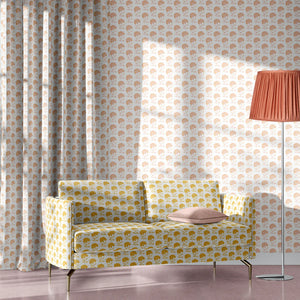 Marigold wallpaper by Annika Reed in yellow, marigold flowers in a living room