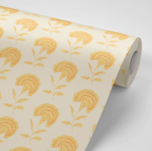 Marigold wallpaper by Annika Reed in yellow, roll showing marigold flowers