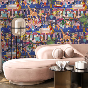 Mayhem Mansion wallpaper by Brand McKenzie in blue, animals partying in a mansion behind a sofa in a living room