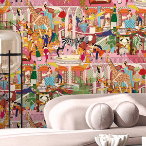 Mayhem Mansion wallpaper by Brand McKenzie in orange and pink, close view of animals partying in a mansion