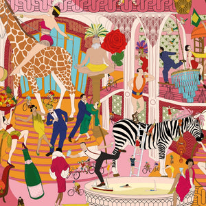 Mayhem Mansion wallpaper by Brand McKenzie in orange and pink, pattern detail of animals partying in a mansion