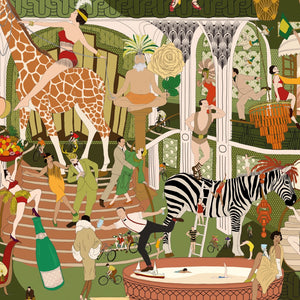 Mayhem Mansion wallpaper by Brand McKenzie in green, close-up of animals partying in a mansion