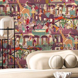 Mayhem Mansion wallpaper by Brand McKenzie in purple, animals partying in a mansion on a living room wall