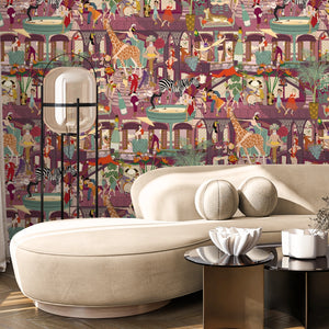 Mayhem Mansion wallpaper by Brand McKenzie in pink, animals partying in a mansion in a living room