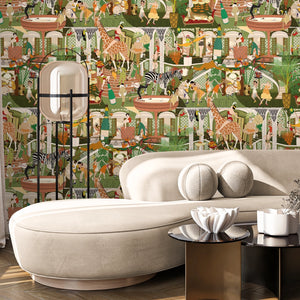 Mayhem Mansion wallpaper by Brand McKenzie in green, animals partying in a mansion in a living room