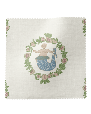 Mermaid linen by Annika Reed in cream and green, pattern sample of mermaids in wreaths