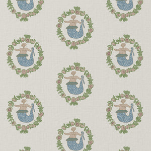 Mermaid linen by Annika Reed in cream and green, full repeat of mermaids in wreaths