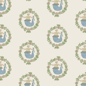 Mermaid linen by Annika Reed in cream and green, flat sample of mermaids in wreaths