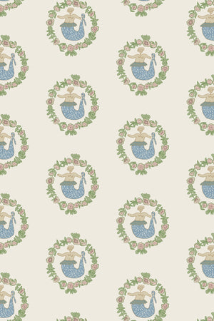 Mermaid linen by Annika Reed in cream and green, flat sample of mermaids in wreaths