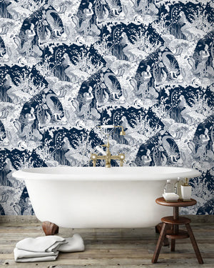 Mermaids wallpaper by Dupenny in navy, mermaids and waves on a bathroom wall