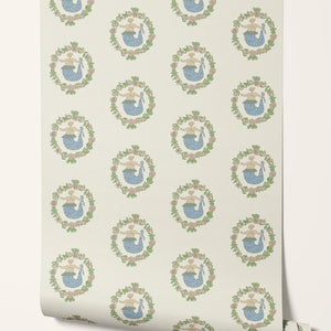 Mermaids in Seashore wallpaper by Annika Reed in cream and green, roll showing mermaids in wreaths