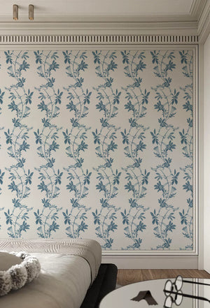 Midsummer wallpaper by Deus ex Gardenia in blue and white, trailing bellflowers in a bedroom