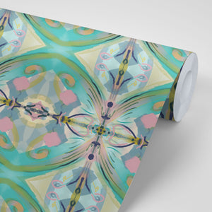 Franny wallpaper by Tatie Lou in pink and green, roll showing a kaleidoscopic floral