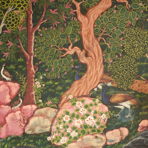 Mira wallpaper by Deus ex Gardenia in charcoal and pink, flat sample of blossoms and hidden big cats