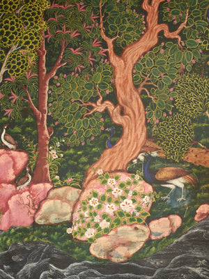 Mira wallpaper by Deus ex Gardenia in charcoal and pink, flat sample of blossoms and hidden big cats