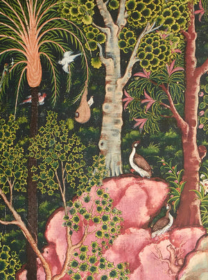 Mira wallpaper by Deus ex Gardenia in charcoal and pink, full repeat of blossoms and hidden big cats (alternate view)