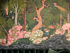 Mira wallpaper by Deus ex Gardenia in charcoal and pink, pattern sample of blossoms and hidden big cats