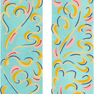 Mirage linen by Claire de Quénetain in pink and yellow, full repeat of a hand-painted floral design