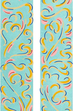 Mirage linen by Claire de Quénetain in pink and yellow, full repeat of a hand-painted floral design