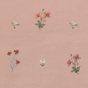 Mitford linen by Parker and Jules in pink, pattern sample of scattered embroidered flowers