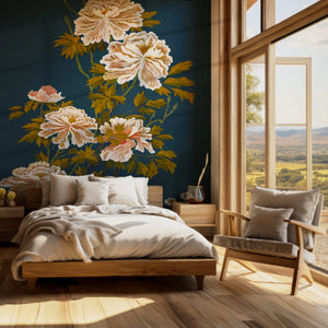 Whispers of Peony wallpaper by Dami and Em Design in blue, peonies on a bedroom wall