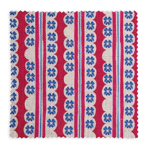 Morello linen by Bethie Tricks in red and blue, full repeat of block-print stripes