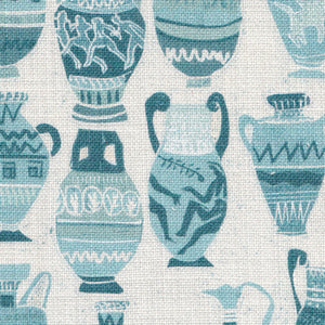 Muggle of Jugs linen by Annika Reed in blue, close-up of painted jugs and vases