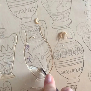 Muggle of Jugs velvet by Annika Reed, the artist's artwork in progress showing painted jugs and vases