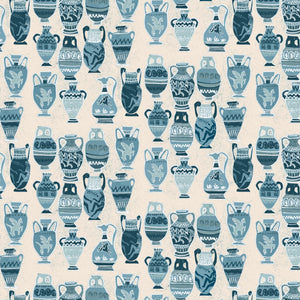Muggle of Jugs velvet by Annika Reed in blue, full repeat of painted jugs and vases