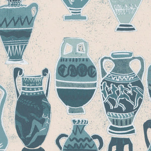 A Muggle of Jugs wallpaper by Annika Reed in blue, close-up of painted jugs and vases