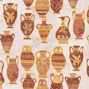 Muggle of Jugs velvet by Annika Reed in orange, pattern sample of painted jugs and vases