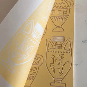 A Muggle of Jugs wallpaper by Annika Reed in yellow, roll showing painted jugs and vases