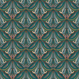 Mumbai Deco wallpaper by Tatie Lou in teal, flat sample of Deco fan shapes