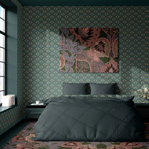 Mumbai Deco wallpaper by Tatie Lou in teal, Deco fan shapes in a bedroom