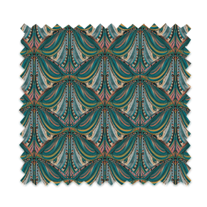 Mumbai Deco velvet by Tatie Lou in teal, full repeat of Deco fan shapes