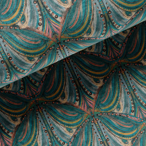 Mumbai Deco velvet by Tatie Lou in teal, draped, showing Deco fan shapes