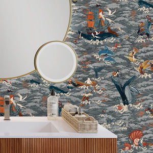 Ocean Waves wallpaper by Brand McKenzie in navy, sea creatures in rolling waves on a bathroom wall