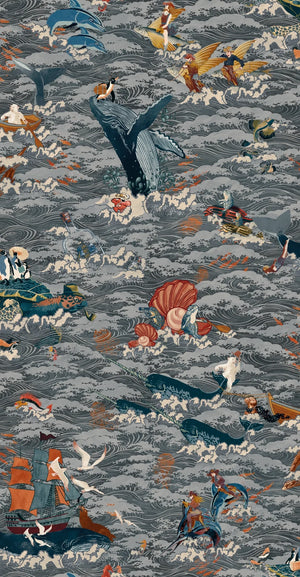 Ocean Waves wallpaper by Brand McKenzie in navy, close-up of sea creatures in rolling waves