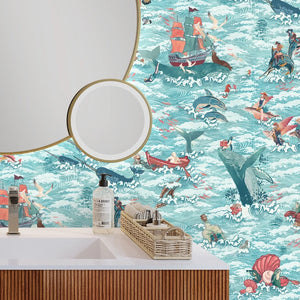 Ocean Waves wallpaper by Brand McKenzie in aqua, detail of sea creatures in rolling waves