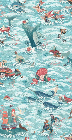 Ocean Waves wallpaper by Brand McKenzie in aqua, close view of sea creatures in rolling waves