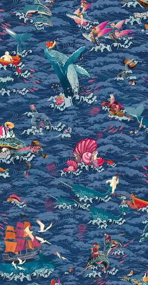 Ocean Waves wallpaper by Brand McKenzie in blue, pattern detail of sea creatures in rolling waves