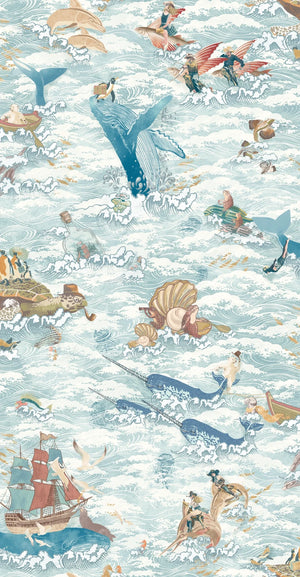 Ocean Waves wallpaper by Brand McKenzie in pale blue, close-up of sea creatures in rolling waves