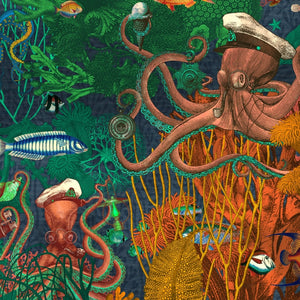 Octopus wallpaper by Brand McKenzie in green and coral, detail of octopus and sea life
