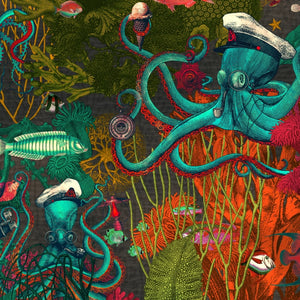 Octopus wallpaper by Brand McKenzie in olive, close view of octopus and sea life