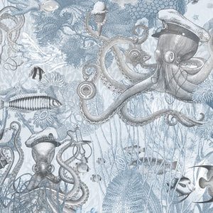 Octopus wallpaper by Brand McKenzie in blue, pattern detail of octopus and sea life