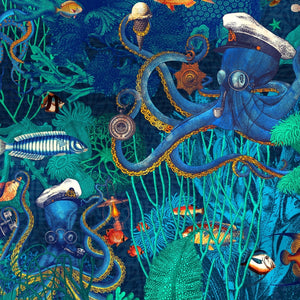Octopus wallpaper by Brand McKenzie in blue, detail of octopus and sea life
