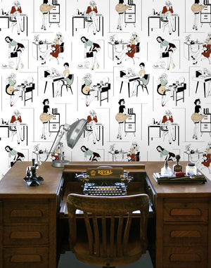 Office Etiquette wallpaper by Dupenny in black and white, vintage office scenes behind a desk in a home office
