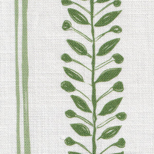 Olive linen by Annika Reed in green, close-up of olive branch stripes