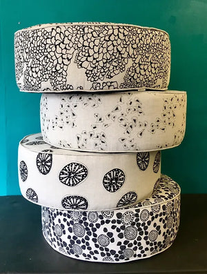 Seeds linen by Bethie Tricks in black and white, scattered seeds made into a lampshade