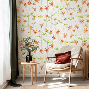 Dancing Autumn Daisies wallpaper by Seed Home Designs in orange and green, orange daisies on tall stems in a living room